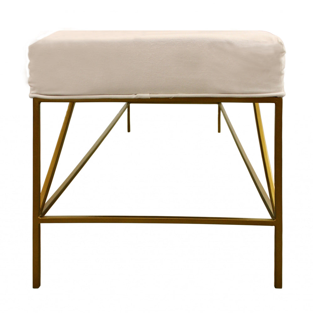 58" Ivory and Gold Upholstered Linen Bench - Homeroots