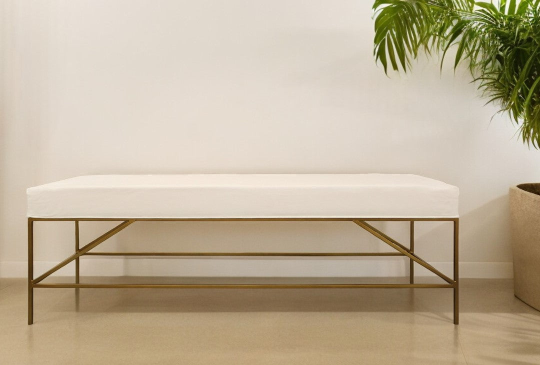 58" Ivory and Gold Upholstered Linen Bench - Homeroots - Flyclothing LLC