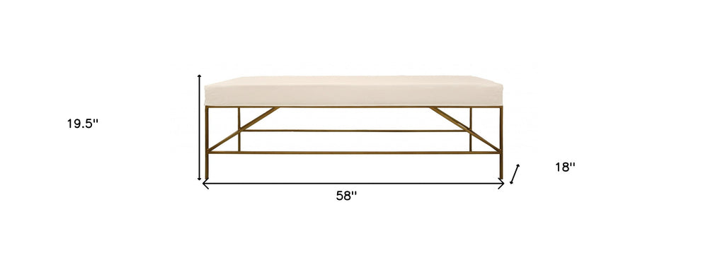 58" Ivory and Gold Upholstered Linen Bench