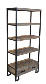 71" Brown Distressed Solid Wood Four Tier Etagere Bookcase with Two Drawers - Homeroots - Flyclothing LLC