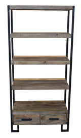 71" Brown Distressed Solid Wood Four Tier Etagere Bookcase with Two Drawers - Homeroots - Flyclothing LLC