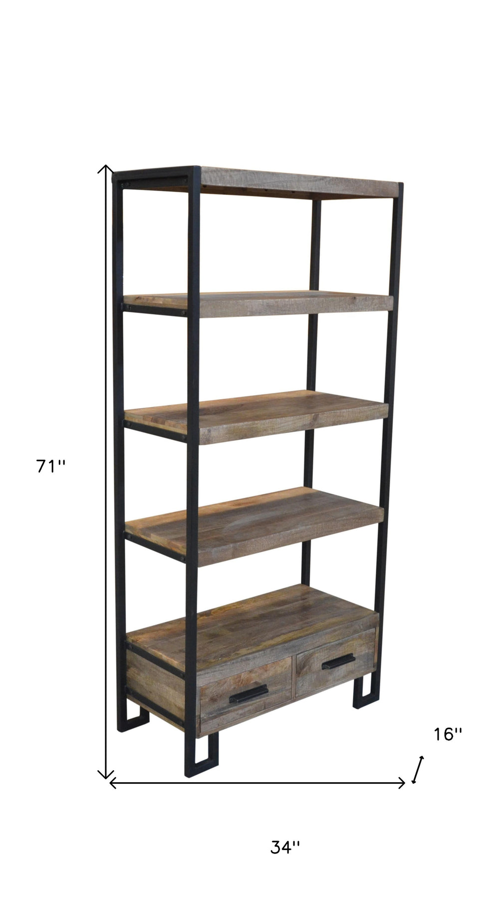 71" Brown Distressed Solid Wood Four Tier Etagere Bookcase with Two Drawers - Homeroots - Flyclothing LLC