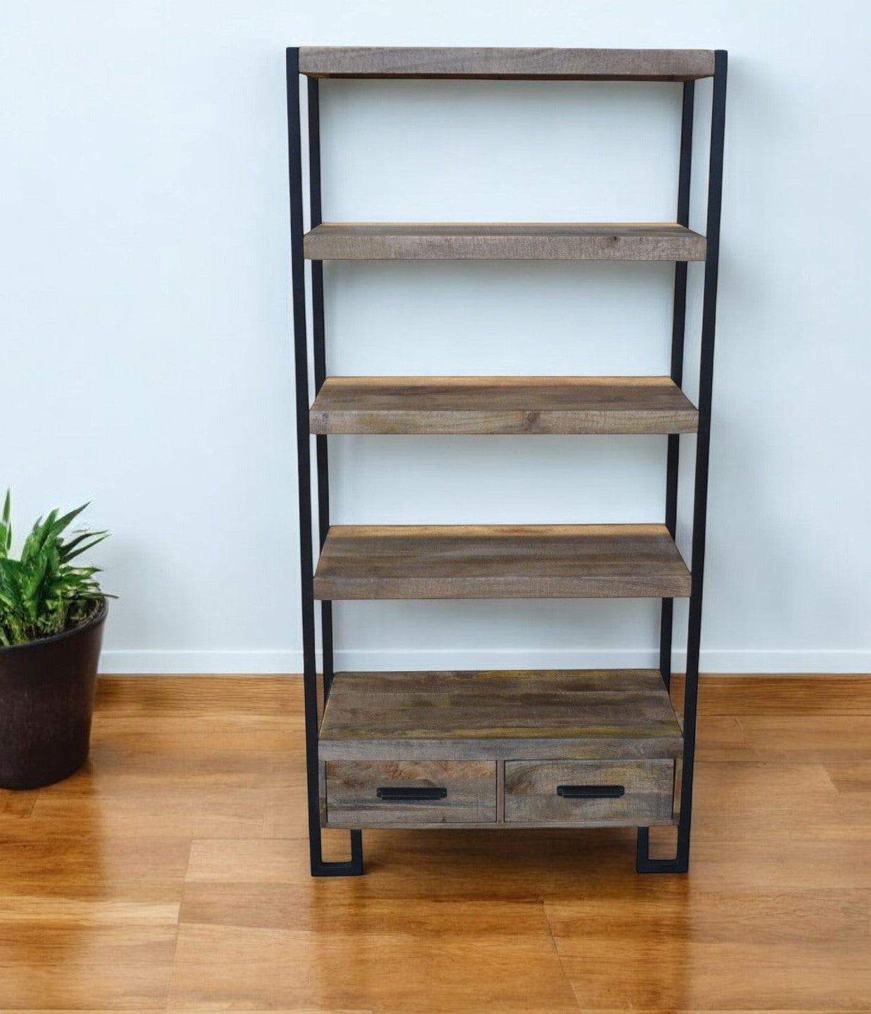 71" Brown Distressed Solid Wood Four Tier Etagere Bookcase with Two Drawers - Homeroots - Flyclothing LLC