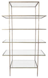 59" Antiqued Gold And Clear Iron and Glass Five Tier Etagere Bookcase