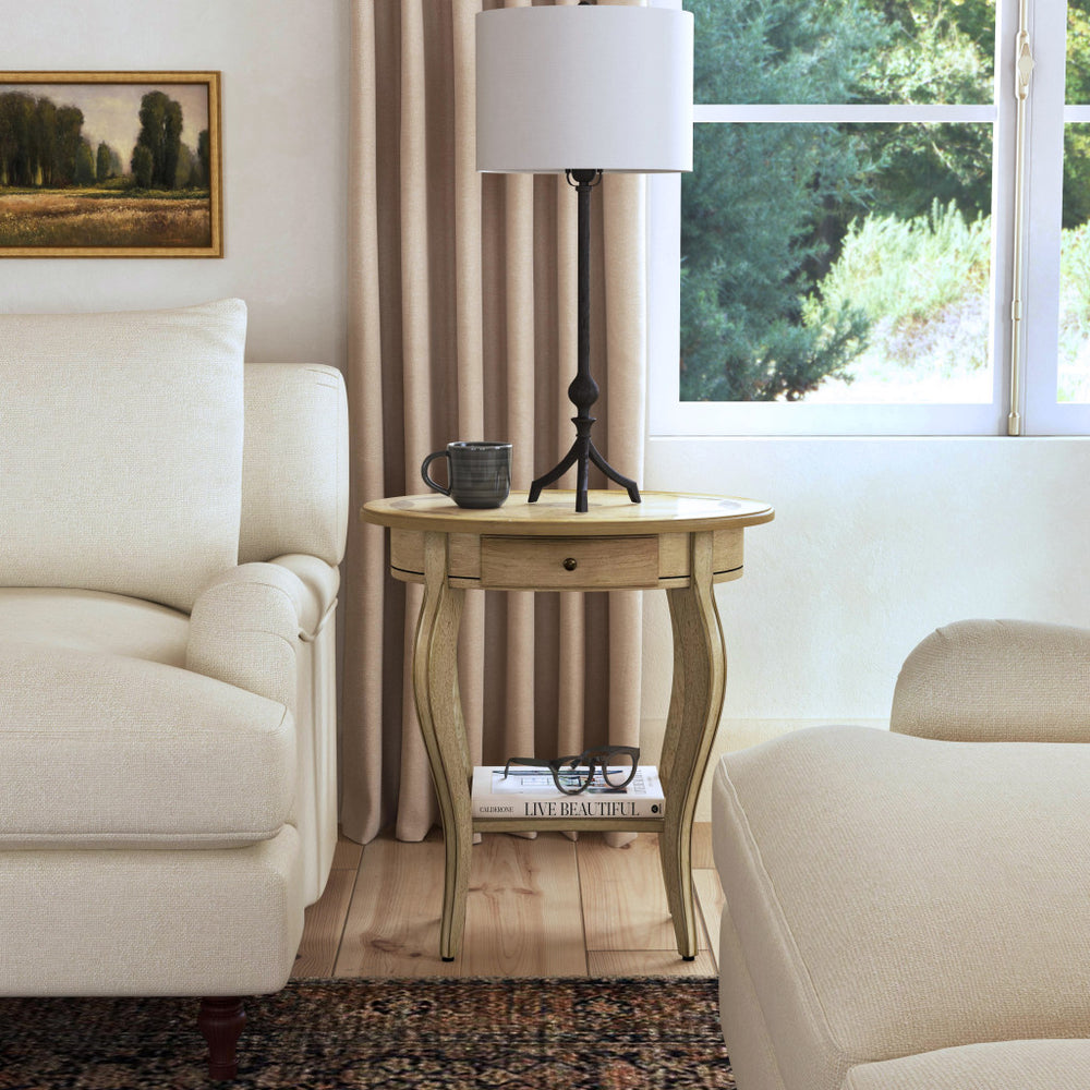 26" Beige Manufactured Wood Oval End Table With Drawer And Shelf - Homeroots - Flyclothing LLC