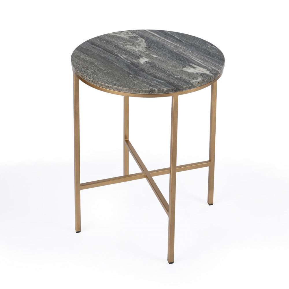 23" Brass And Gray Marble Round End Table - Homeroots