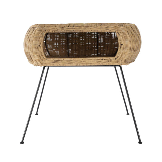 24" Black And Brown Distressed Rattan And Iron Round End Table With Shelf