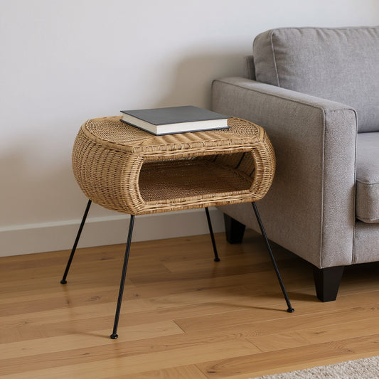 24" Black And Brown Distressed Rattan And Iron Round End Table With Shelf