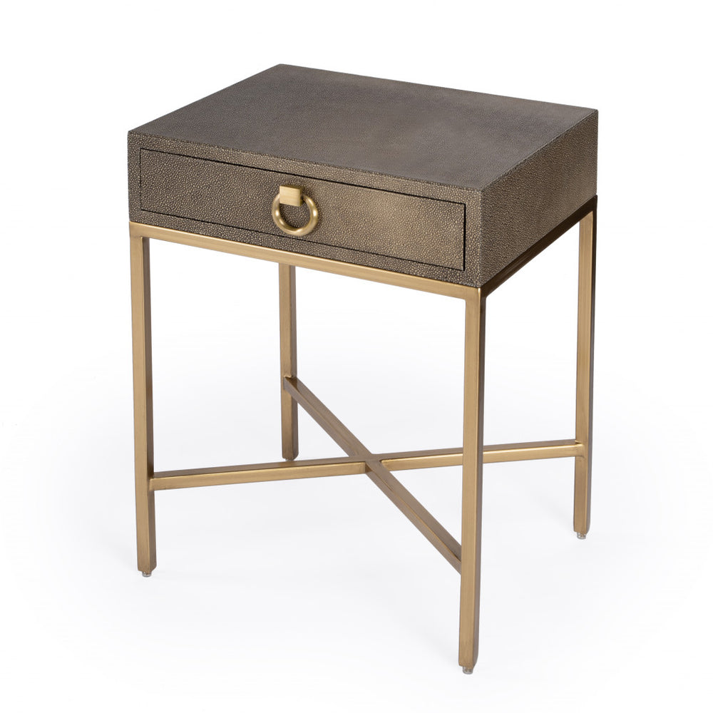 27" Gold and Brown Shagreen Faux Leather End Table With Drawer - Homeroots