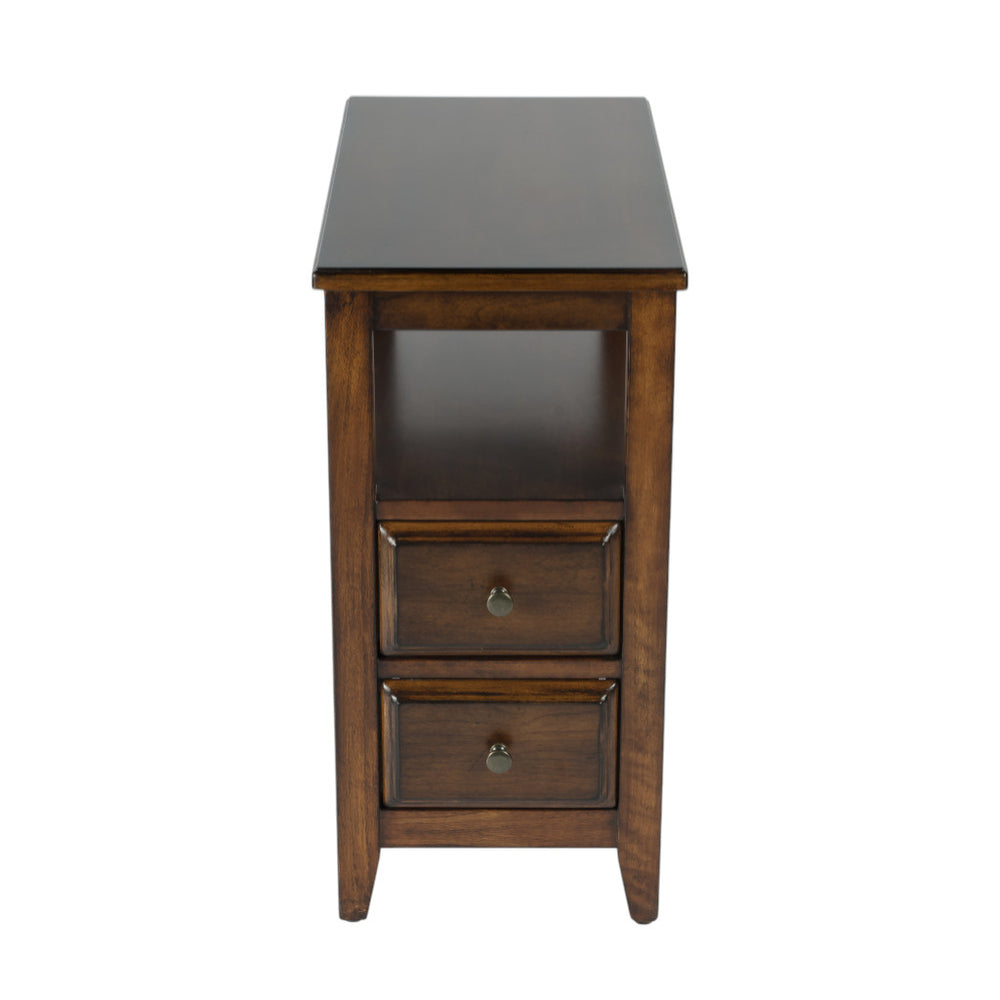 24" Brown Distressed End Table With Two Drawers And Shelf