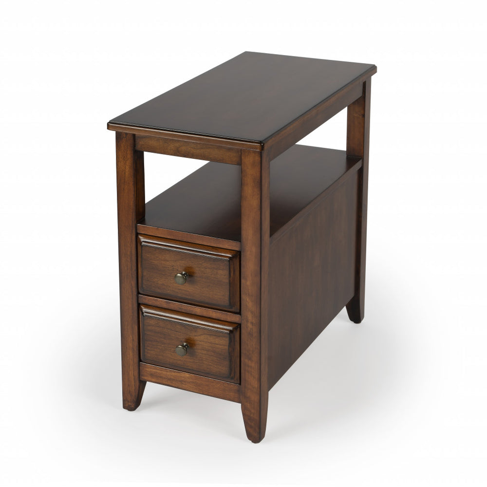 24" Brown Distressed End Table With Two Drawers And Shelf - Homeroots