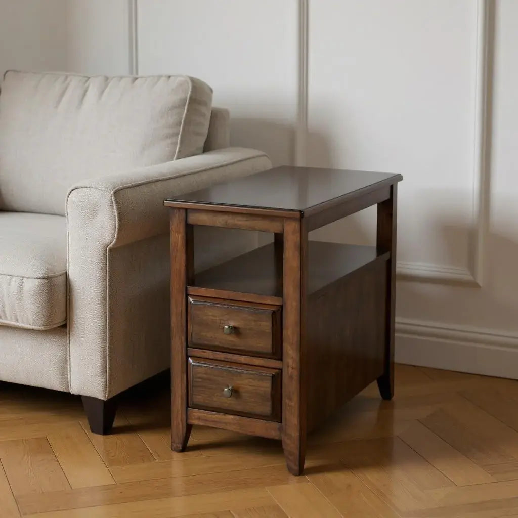 24" Brown Distressed End Table With Two Drawers And Shelf - Homeroots - Flyclothing LLC