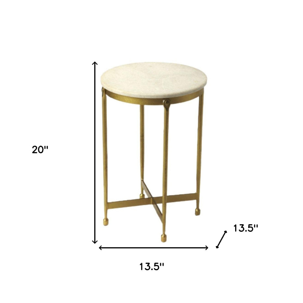 20" Antiqued Gold And White Marble Round End Table - Homeroots