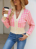 Houndstooth Button Up Long Sleeve Cardigan - Trendsi - Flyclothing LLC