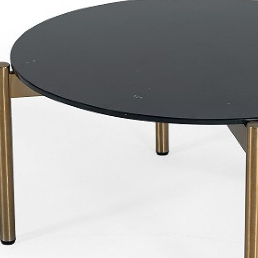 36" Black and Gold Faux Marble And Steel Round Coffee Table
