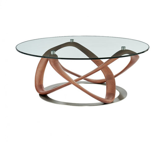 39" Clear and Brown Glass And Solid Wood Round Abstract Coffee Table