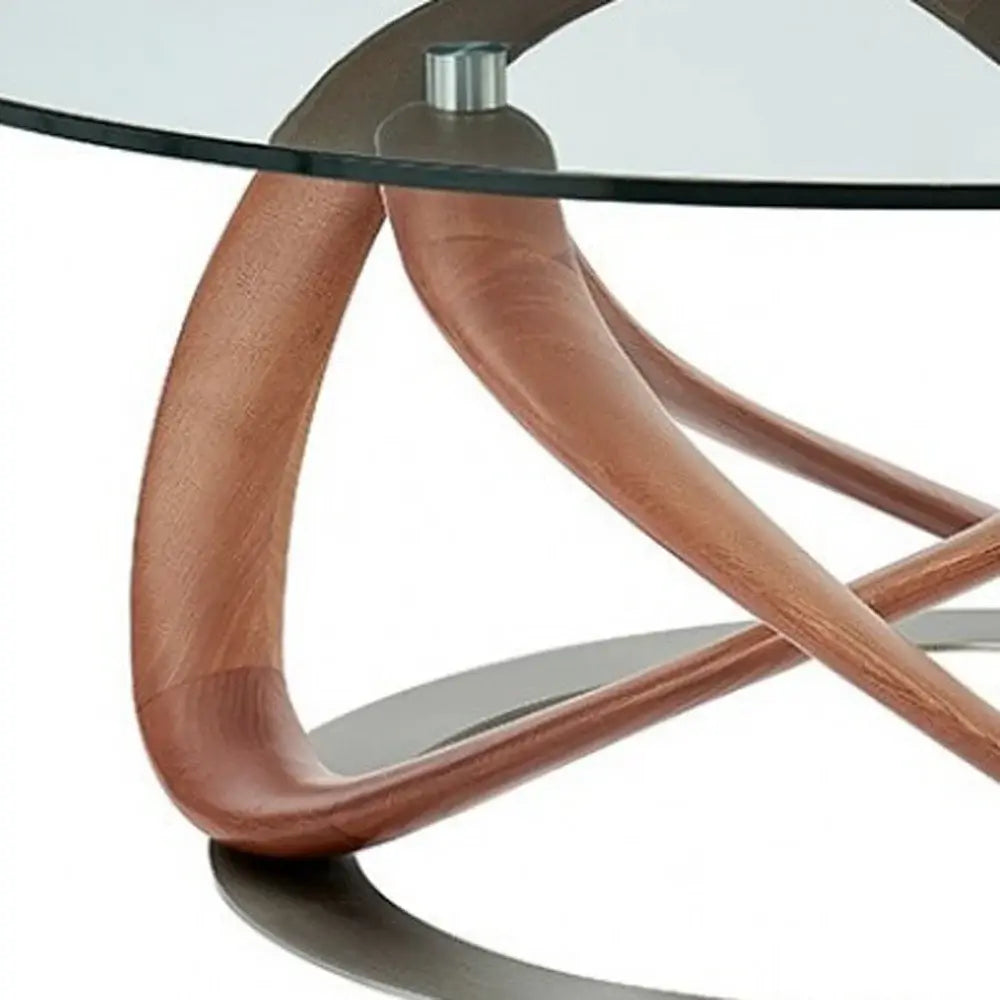 39" Clear And Brown Glass And Solid Wood Round Coffee Table - Homeroots - Flyclothing LLC