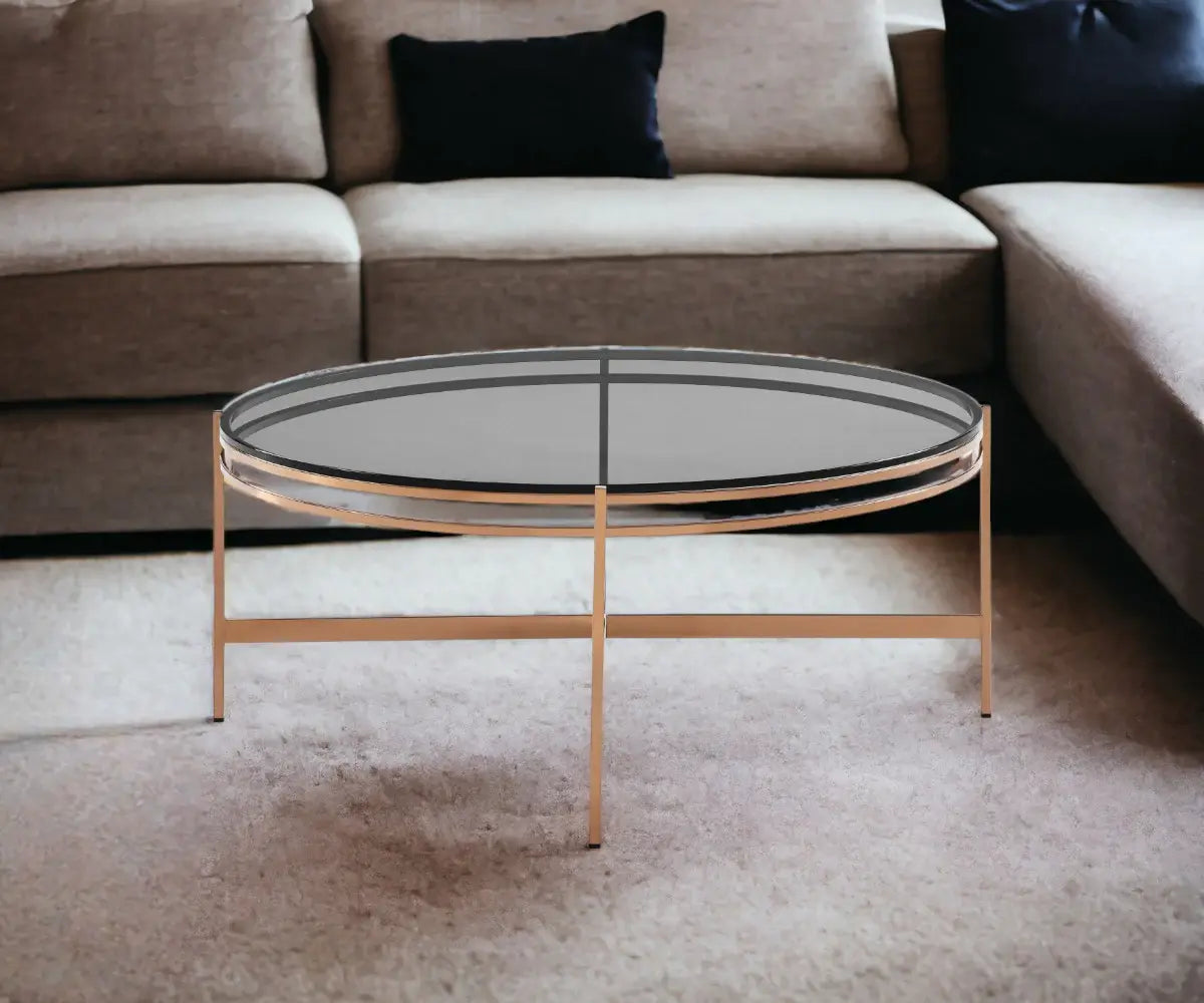 35" Gold And Smoked Glass Round Coffee Table - Homeroots - Flyclothing LLC