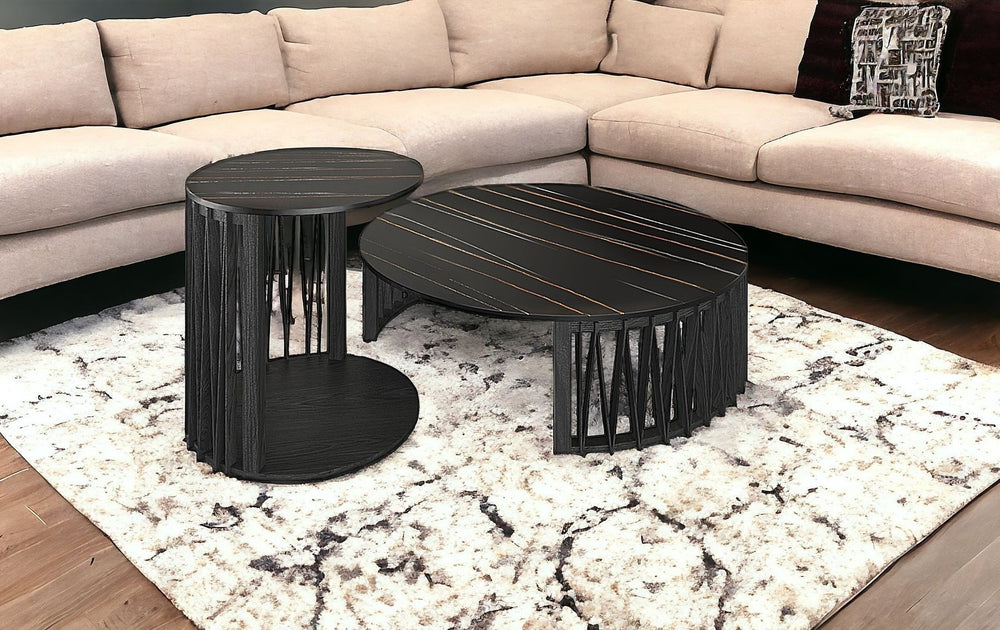 Set of Two Black Faux Marble And Solid Wood Round Abstract Nested Coffee Tables