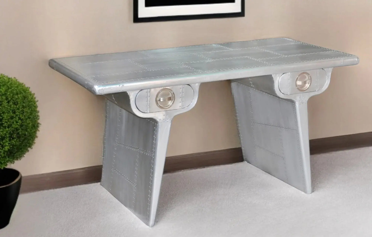 60" Silver Aluminum Writing Desk With Two Drawers - Homeroots - Flyclothing LLC