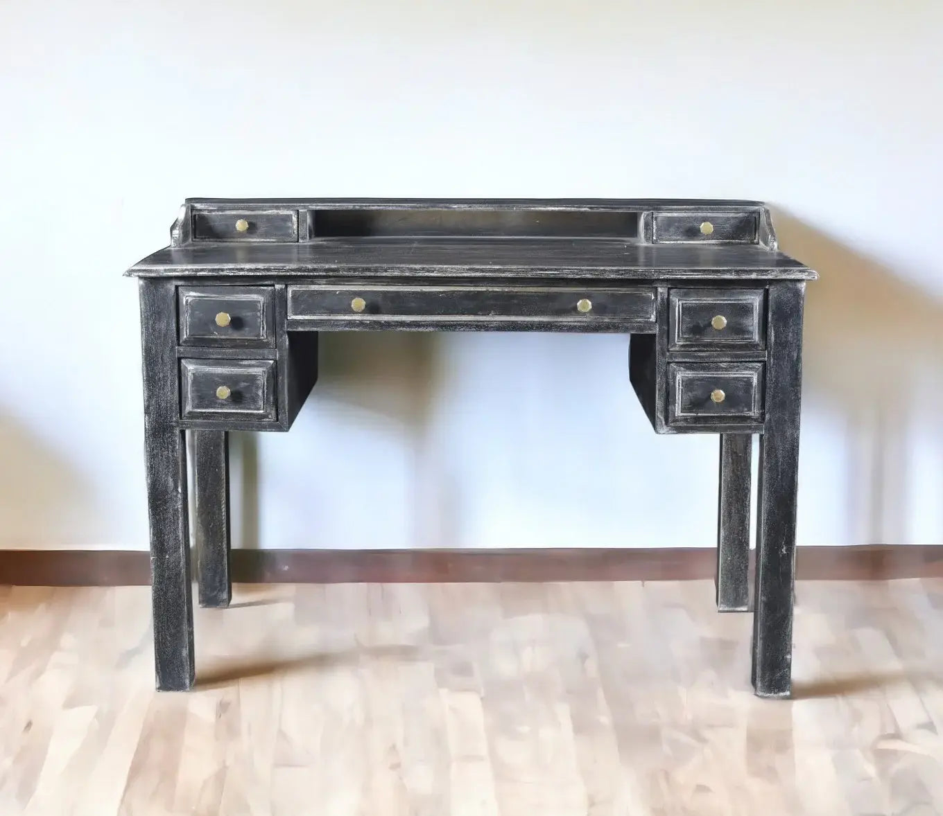 46" Black Solid Wood Writing Desk With Seven Drawers - Homeroots - Flyclothing LLC