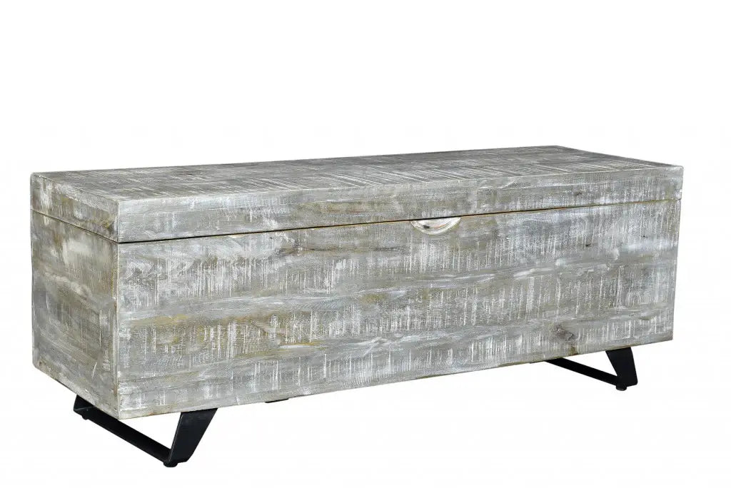 46" Gray and Black Distressed Solid Wood Storage Bench with Flip Top - Homeroots - Flyclothing LLC