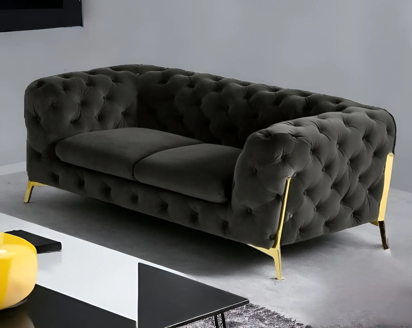 74" Dark Gray And Gold Velour Chesterfield Loveseat - Homeroots - Flyclothing LLC