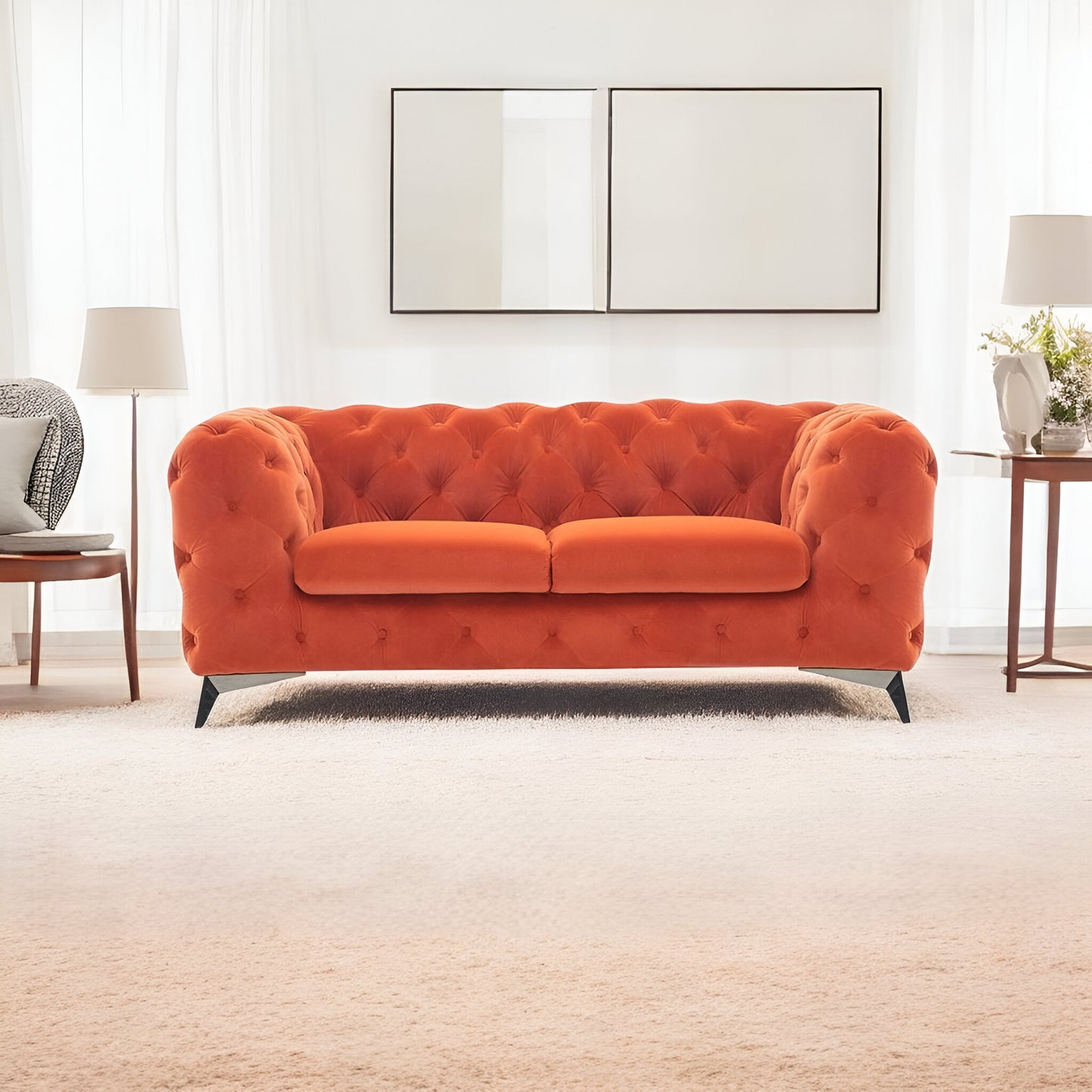 74" Orange And Silver Velvet Chesterfield Loveseat - Homeroots - Flyclothing LLC