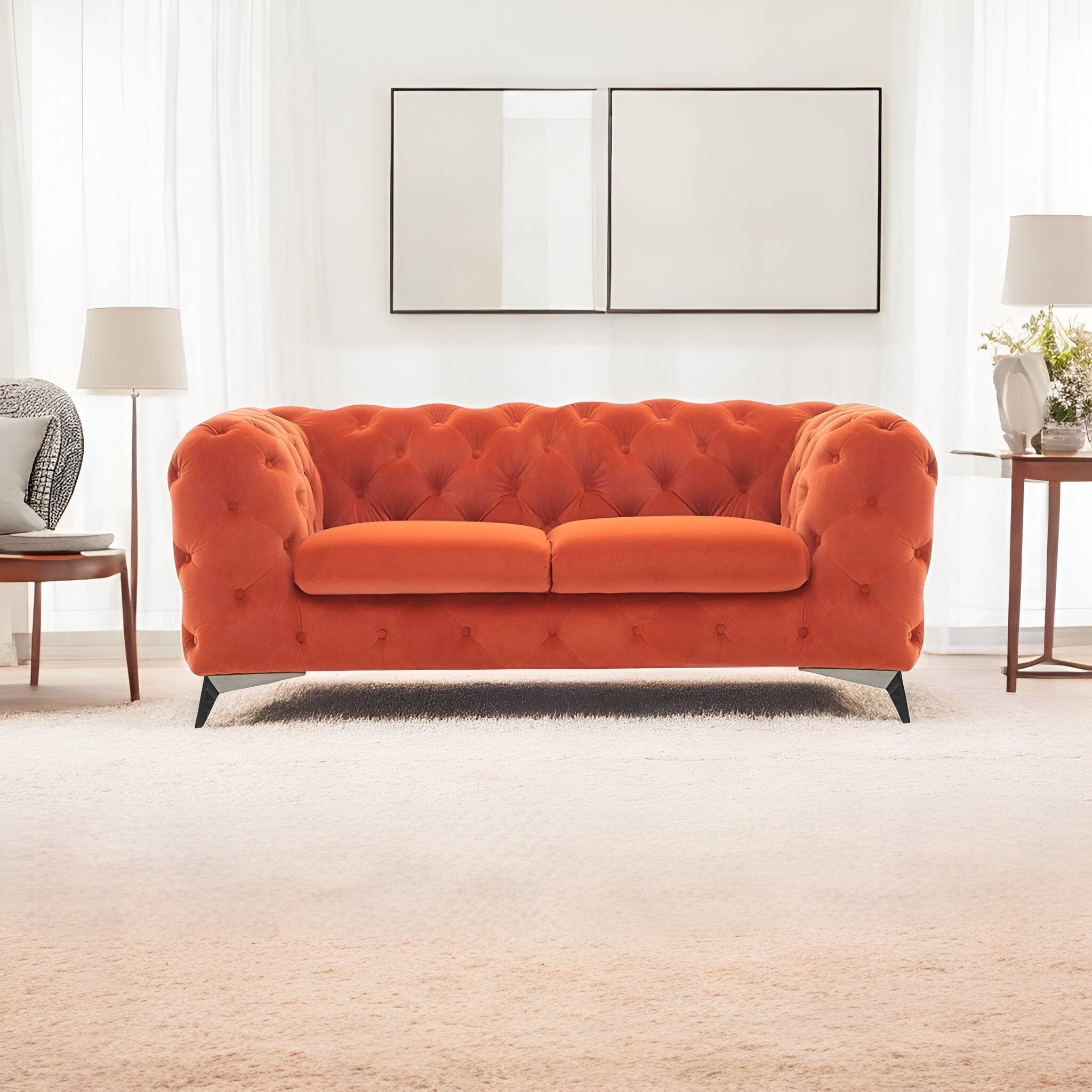 74" Orange And Silver Velvet Chesterfield Loveseat - Homeroots - Flyclothing LLC