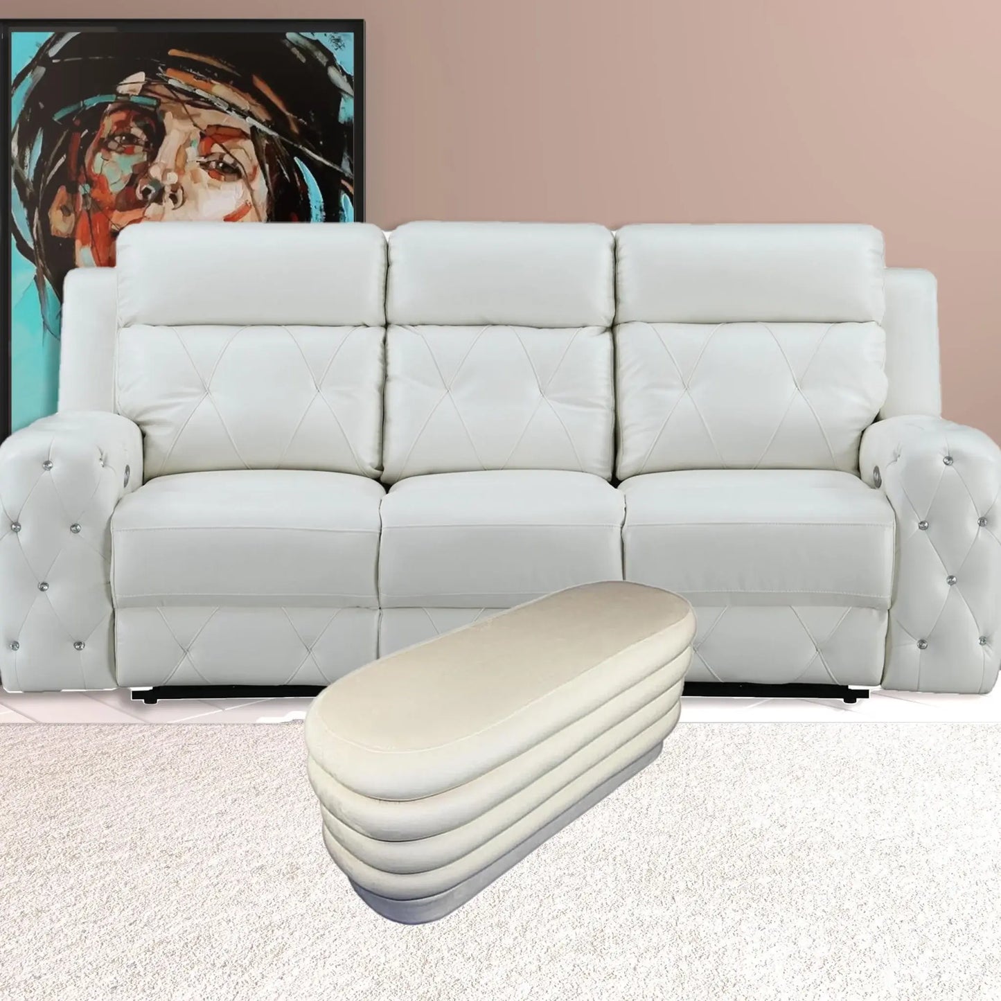 44" White Velvet Tufted Oval Ottoman - Homeroots - Flyclothing LLC