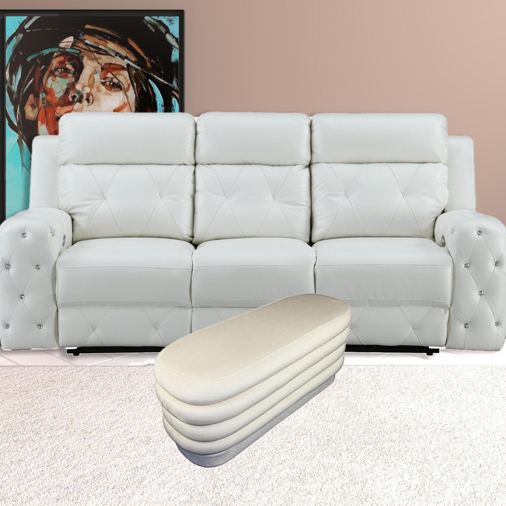 44" White Velvet Tufted Oval Ottoman