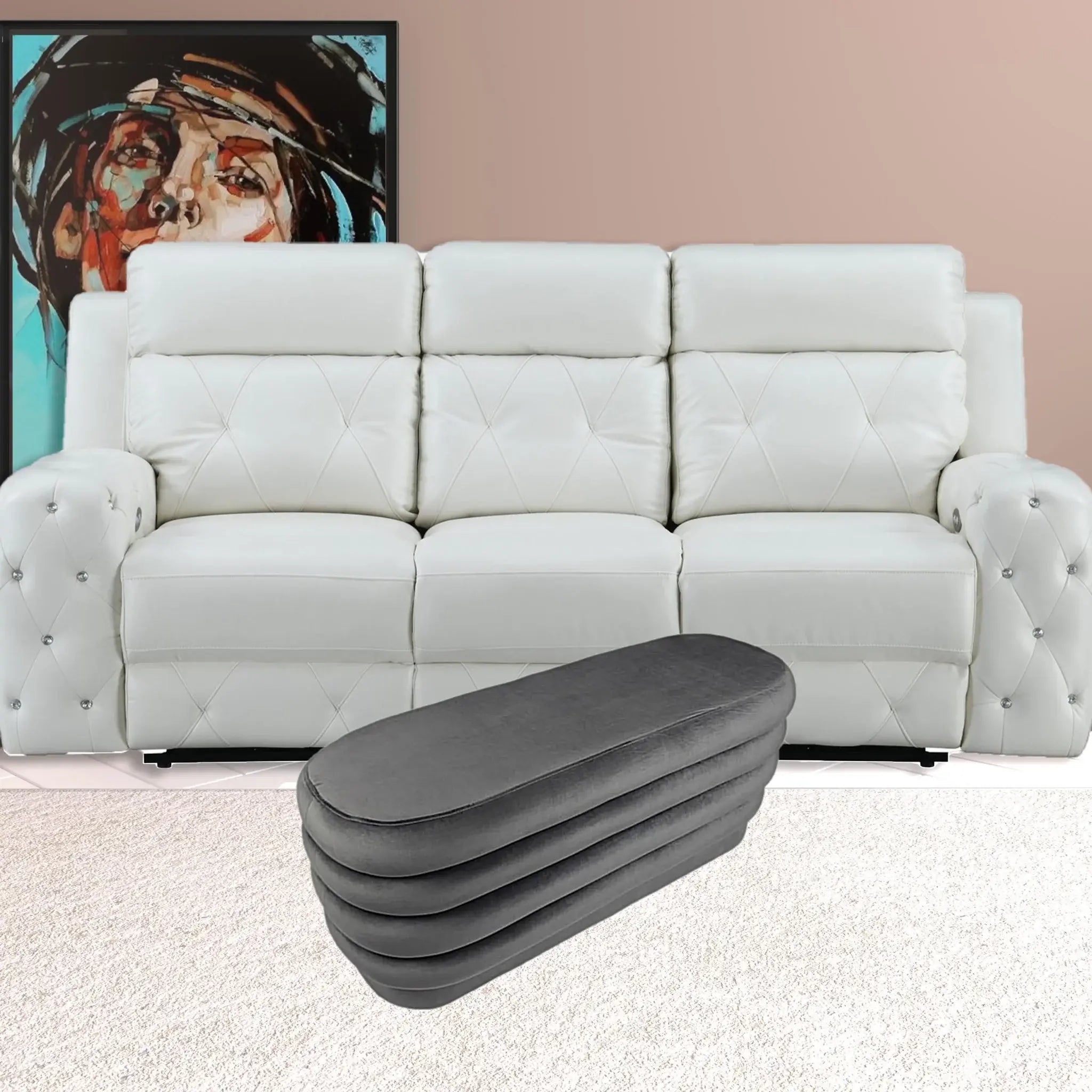 44" Gray Velvet Tufted Oval Ottoman - Homeroots - Flyclothing LLC