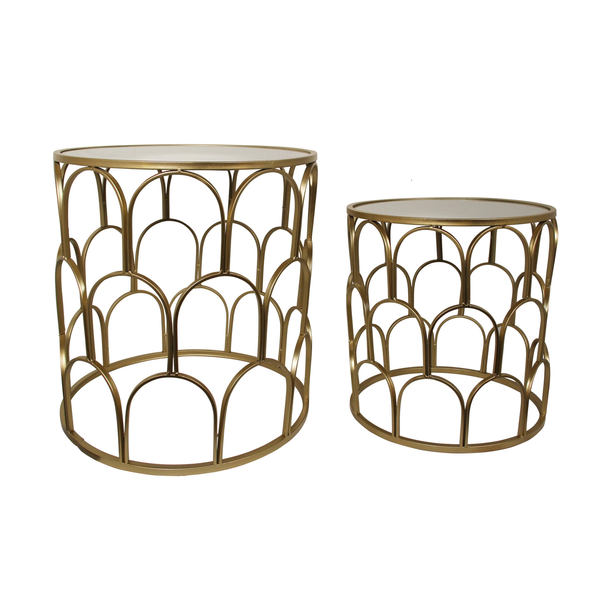 Set of Two Gold Steel And Mirrored Glass Round Drum End Tables - HomeRoots - Flyclothing LLC