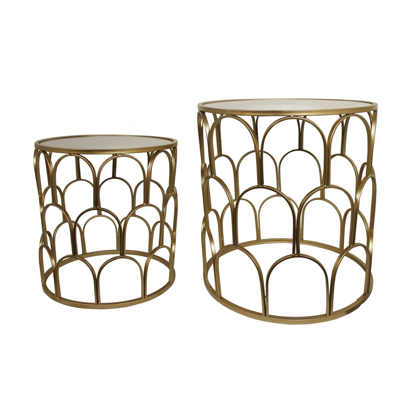 Set of Two Gold Steel And Mirrored Glass Round Drum End Tables - HomeRoots - Flyclothing LLC