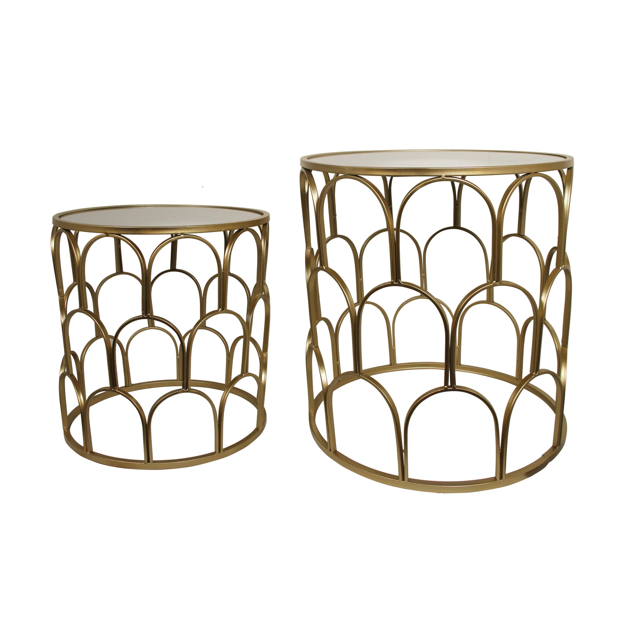 Set of Two Gold Steel And Mirrored Glass Round Drum End Tables - HomeRoots - Flyclothing LLC