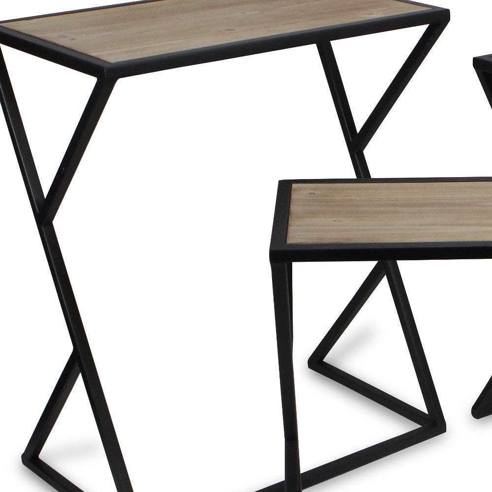 Set of Three Brown and Black Solid Wood and Steel Frame Nested Tables - HomeRoots - Flyclothing LLC