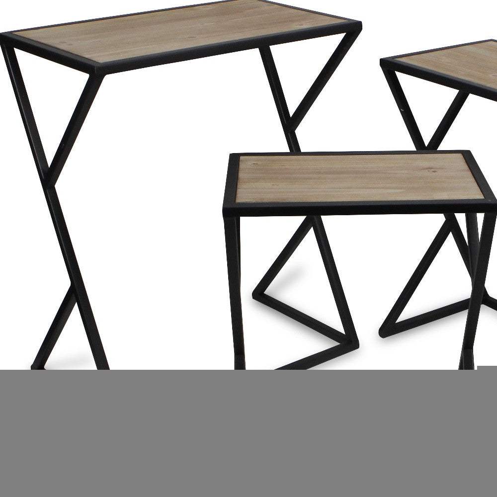 Set of Three Brown and Black Solid Wood and Steel Frame Nested Tables - HomeRoots - Flyclothing LLC