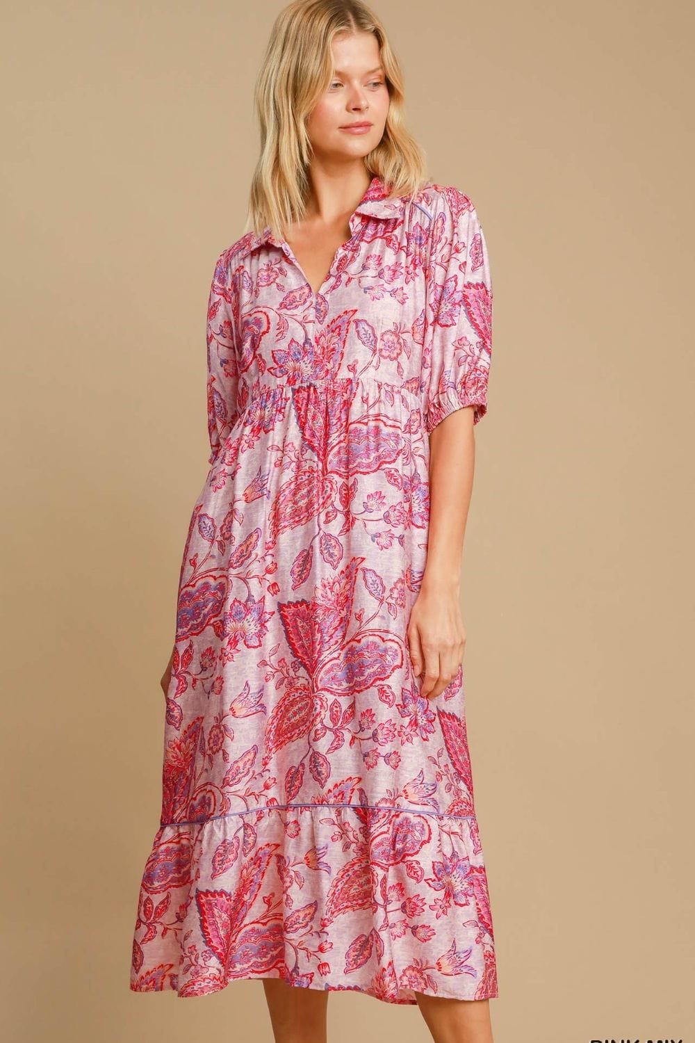 Umgee Full Size Ruffled Hem Floral Paisley Print Half Sleeve Midi Dress Plus Size - Trendsi