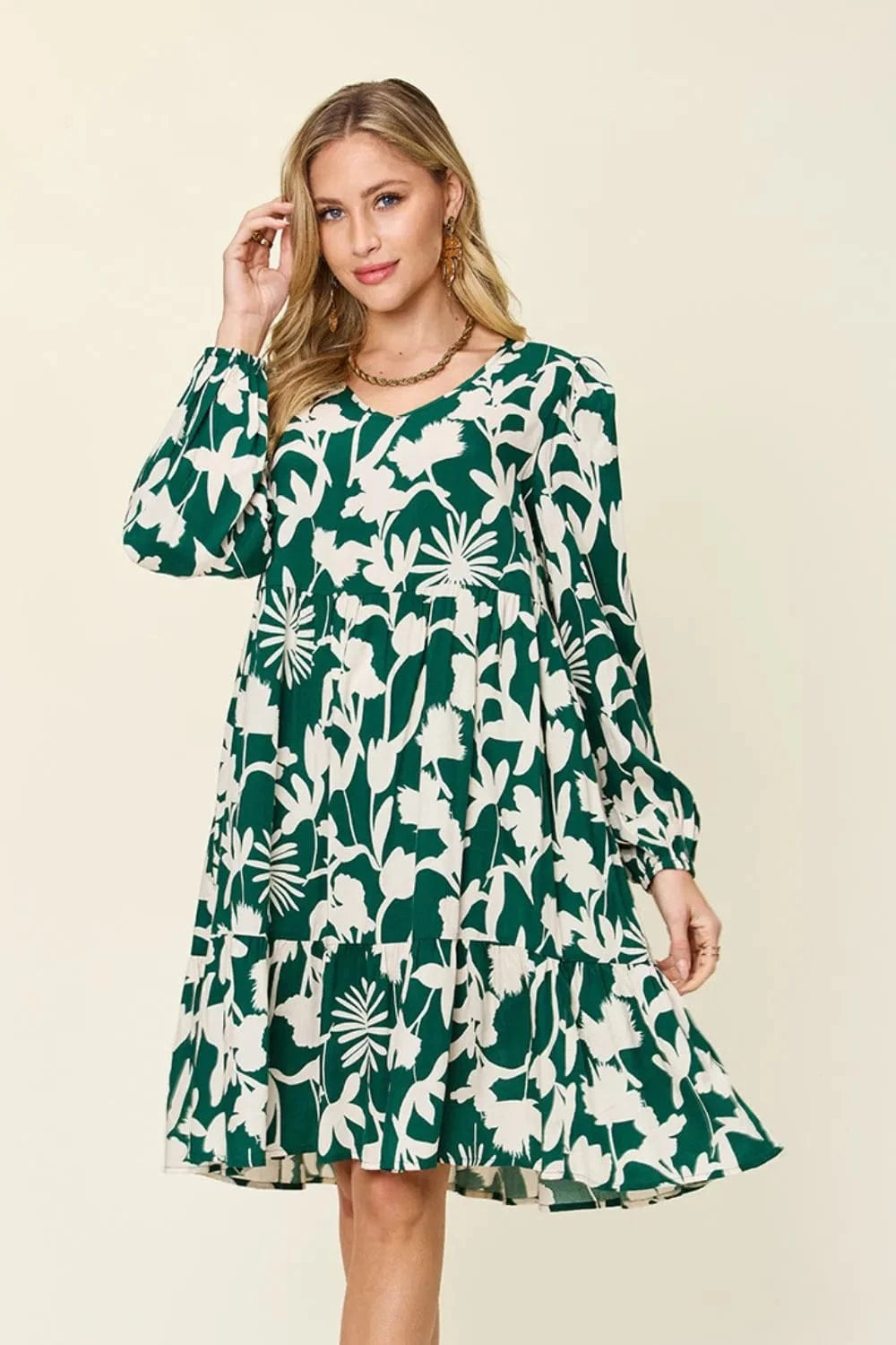 Double Take Full Size Printed Ruffle Hem Dress with Pocket - Trendsi