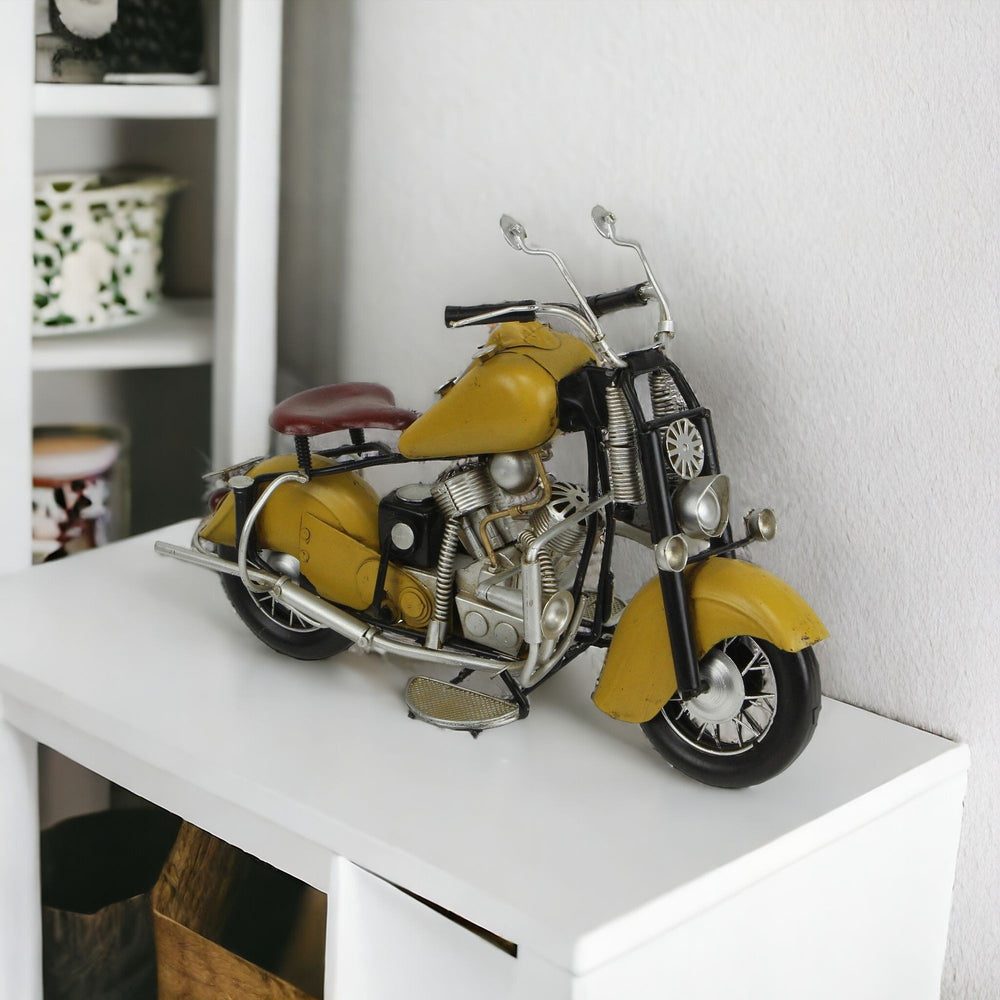 8" Yellow and Black Metal Hand Painted Model Motorcycle Tabletop Sculpture