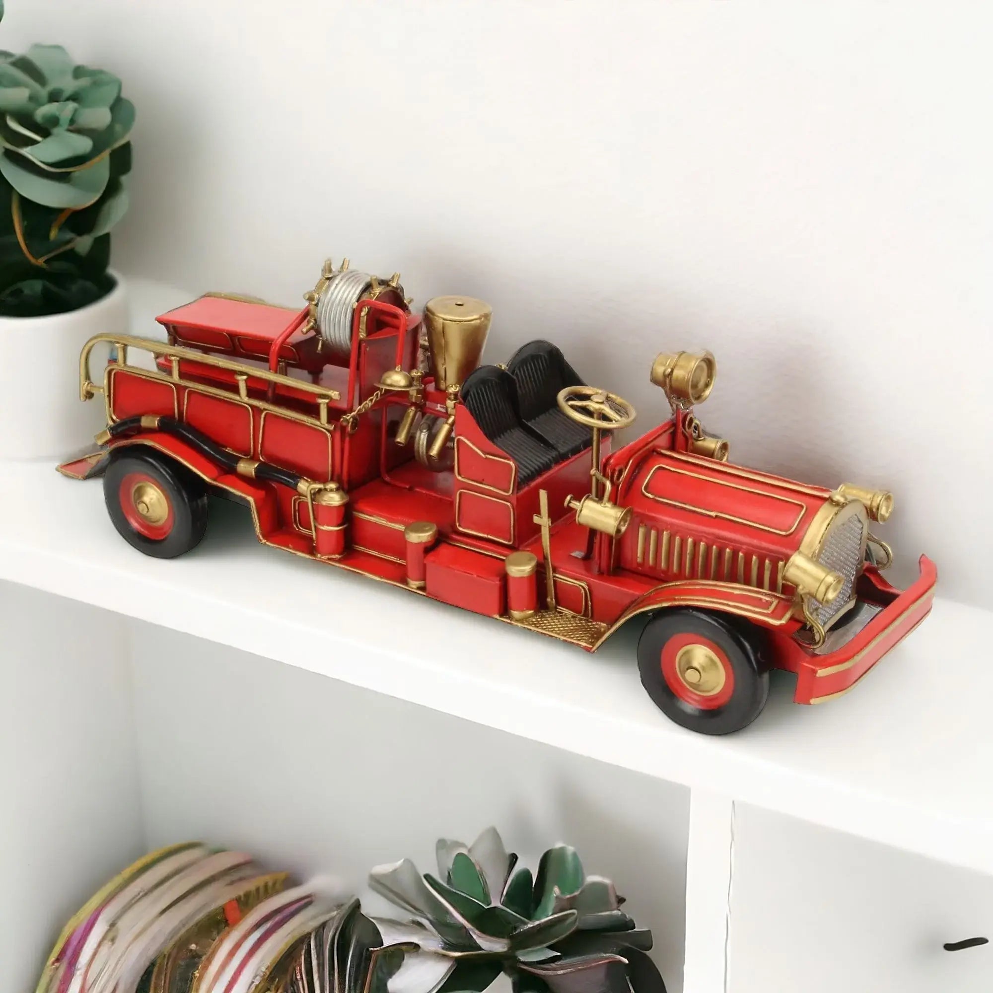 6" Red and Gold Metal Hand Painted Early 20th Century Red Fire Engine Model Car - Homeroots - Flyclothing LLC