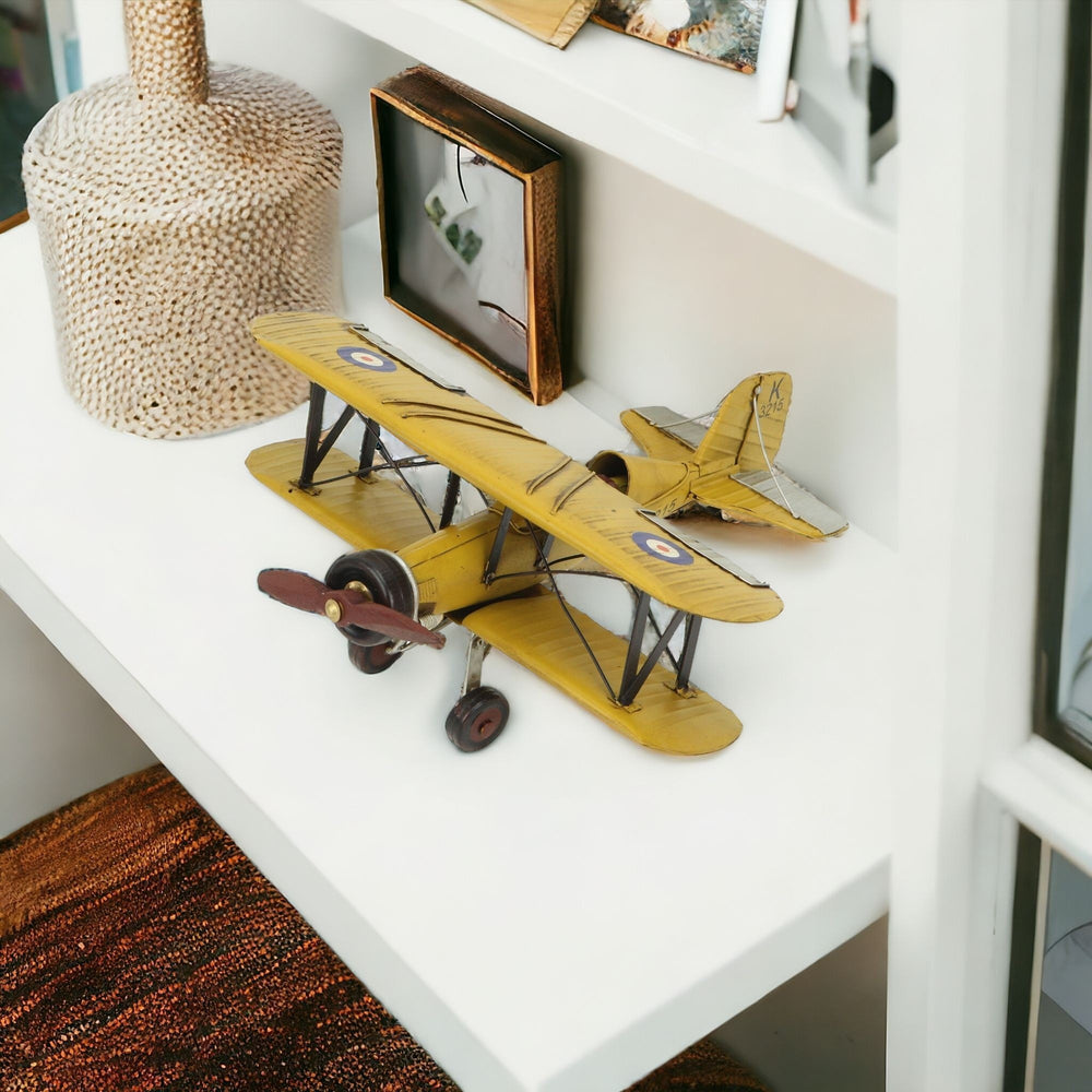 6" Yellow and Black Metal Hand Painted Model Airplane Tabletop Sculpture