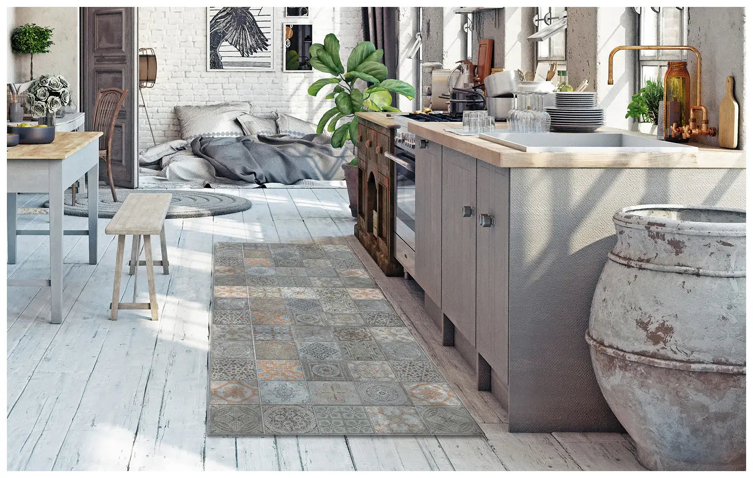 2' X 5' Brown And Gray Mosaic Tile Printed Vinyl Area Rug with UV Protection - Homeroots - Flyclothing LLC