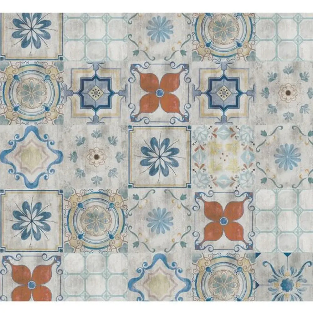 2' X 5' Gray Blue And Rust Mosaic Tile Printed Vinyl Area Rug With UV Protection - Homeroots - Flyclothing LLC