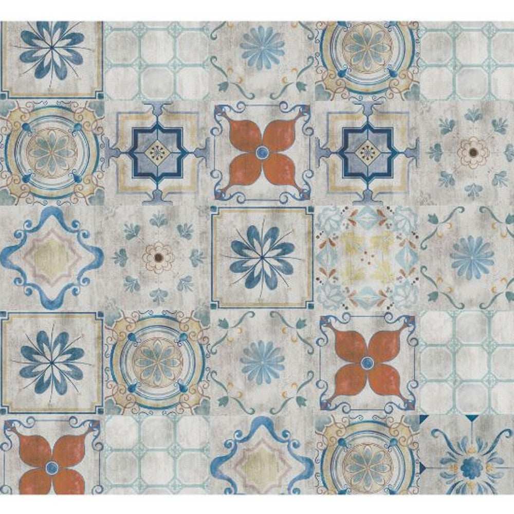2' X 5' Gray Blue And Rust Mosaic Tile Printed Vinyl Area Rug With UV Protection - Homeroots - Flyclothing LLC