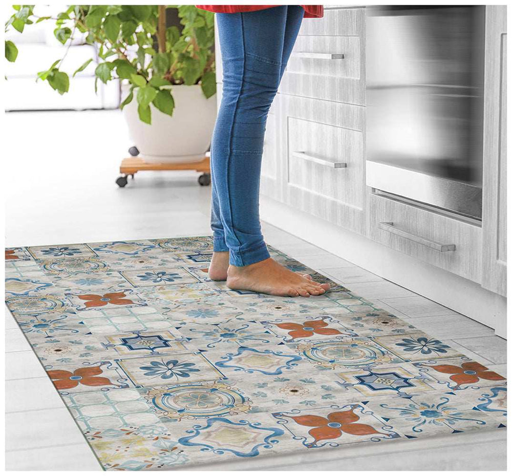 2' X 5' Gray Blue And Rust Mosaic Tile Printed Vinyl Area Rug With UV Protection - Homeroots - Flyclothing LLC