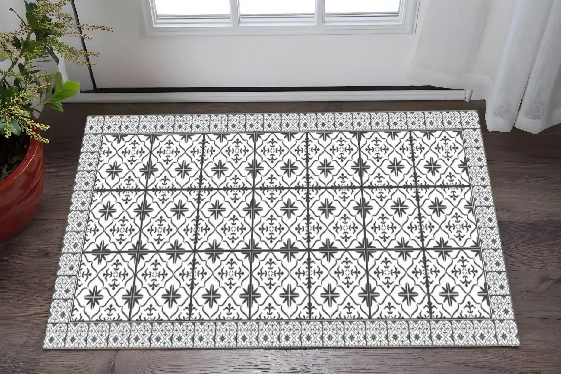 2' X 4' Dark Gray And White Tile Printed Vinyl Area Rug with UV Protection - Homeroots - Flyclothing LLC