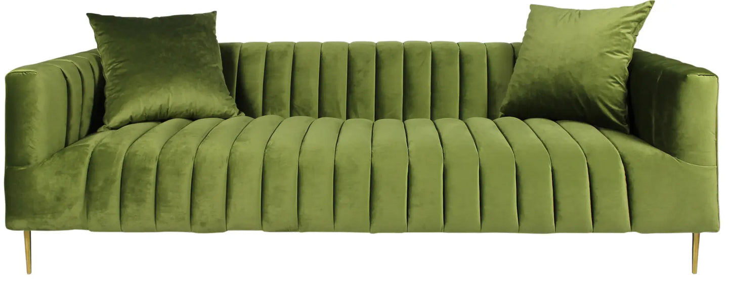 90" Olive Green Velvet Sofa And Toss Pillows With Gold Legs - Homeroots - Flyclothing LLC