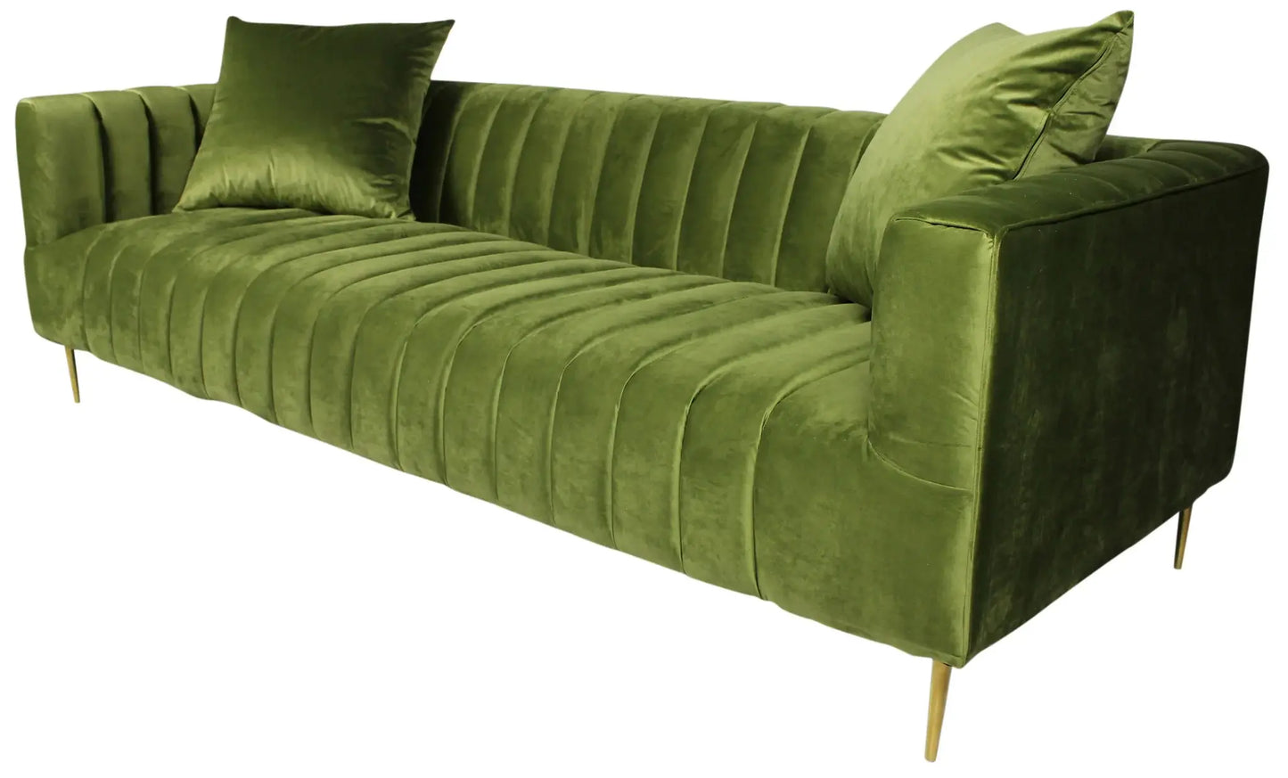 90" Olive Green Velvet Sofa And Toss Pillows With Gold Legs - Homeroots - Flyclothing LLC