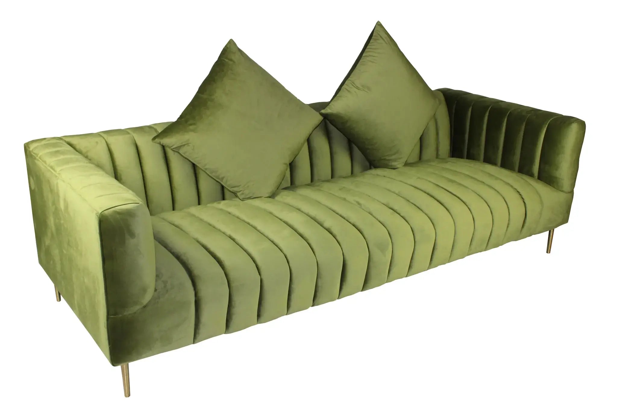 90" Olive Green Velvet Sofa And Toss Pillows With Gold Legs - Homeroots - Flyclothing LLC